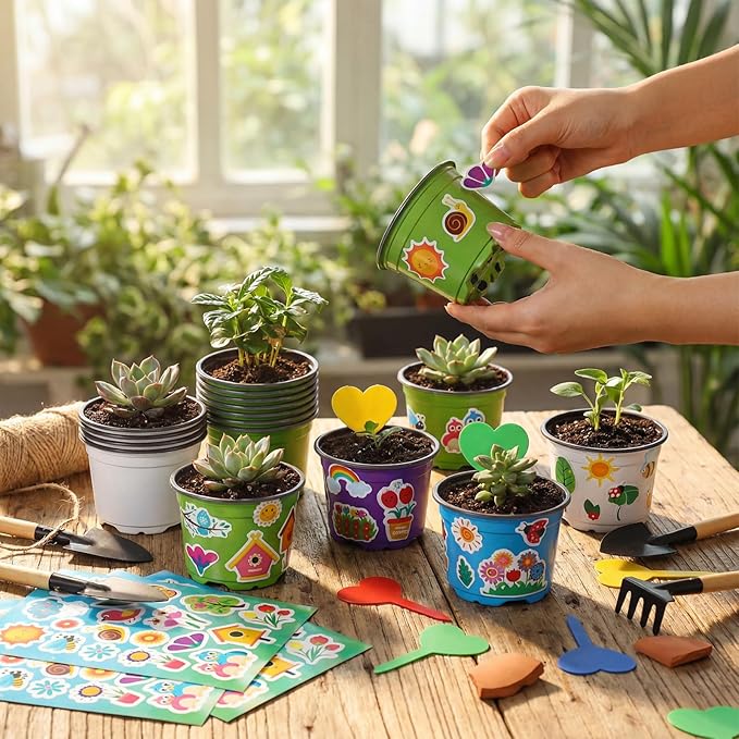 200 Sets Garden Pot Craft Kit, Flower Plant Spring Craft Including Plastic Nursery Plant Pots Labels Tags Stickers for DIY Flower Planting Growing Birthday Arts Kit (Lively)