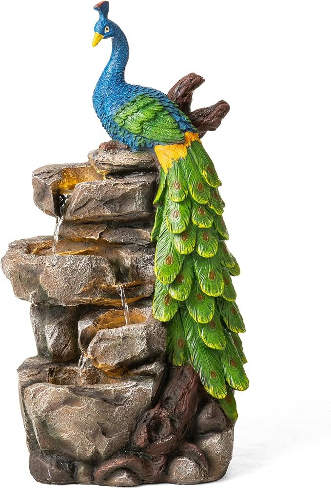 Glitzhome Outdoor Water Fountain with Lights, 4-Tierd Peacock W/Stacked Stone Outdoor Fountain, 20.5" H Polyresin Decorative Waterfall Feature Garden Fountain with Pump for Garden, Patio, Porch