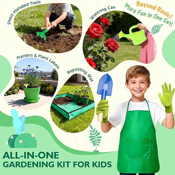 FHOZGECY Kids Gardening Set with Wheelbarrow, Metal Gardening Tools with Apron, Gloves, Watering Can, Repotting Mat, Flower Pots, Outdoor Backyard Play Learning Toys for Boys Girls Ages 3-8