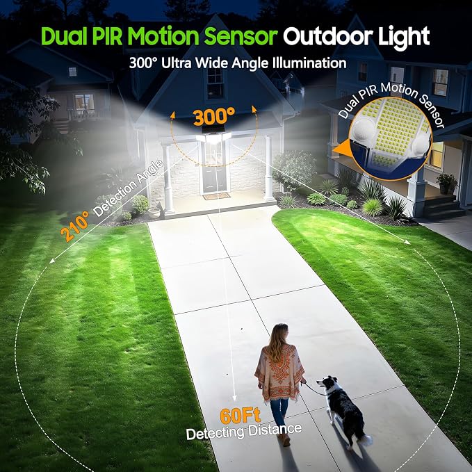 2026 Motion Sensor Solar Lights Outdoor Waterproof, 4000LM Solar Flood Lights with Dual PIR & Curved 300° Wide Beam, Larger 3500mAh Adjustable Solar Security Spot Lights for Yard-2Pack Black