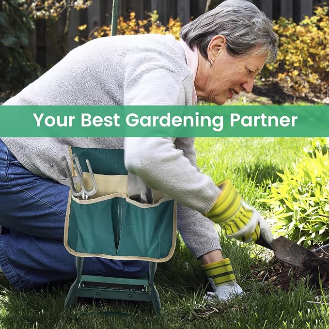 HAPPYGRILL Garden Kneeler Bench with Tools Pouch, Folding Garden Seat Stool Kneeling Pad Cushion for Patio Garden Yard