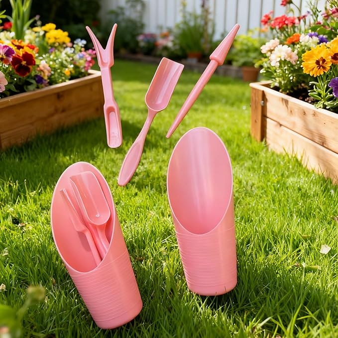 8Pcs Set Mini Garden Shovel Hand Tools Transplanting Potting Tool Set Indoor Soil Spoon Scoop Plastic Kits (Pink-8pcs Set)