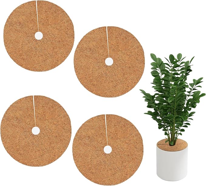4 Pack 11.8 Inch Coconut Fiber Mulch Ring - Natural Coco Coir Tree Ring Protector Mats, Weed Barrier Plant Discs for Moisture Retention, Indoor Outdoor Trees and Landscaping