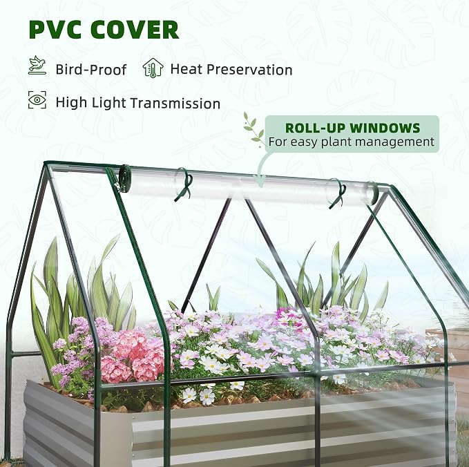 Outsunny 4 x 3 x 3ft Raised Garden Bed with Mini Greenhouse, Galvanized Raised Garden Bed with Cover for Herbs and Vegetables, Small Greenhouse for Patio Garden Balcony, Clear and Gray