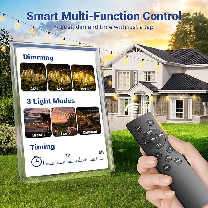 70FT LED Outdoor String Lights with Remote, One Continuous Strand Patio Lights with 24+1 Shatterproof S11 Bulbs, Dimmable 2200K Warm White, Timer & 3 Modes, Low Voltage for Backyard Garden