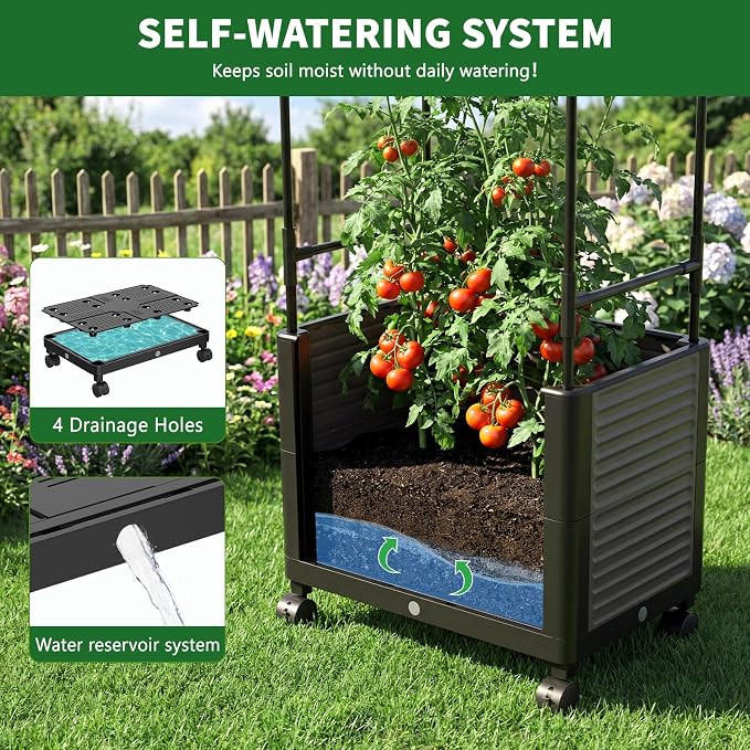 Raised Garden Bed Planter Box with Trellis, 61''H Tomato Planters for Climbing Plants Vegetable Vine Flowers Outdoor Patio Tomato Cage, Self Watering Planter with Wheels