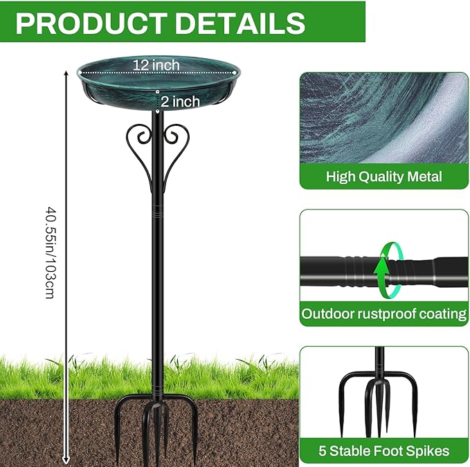 Metal Bird Bath for Outside, Vintage Freestanding Birdbaths with Metal Stake, Upgraded 5 Pronged Base Birdfeeder Feeder Bowl for Outdoors Garden Patio Yard Lawn Decor (Vintage Green)