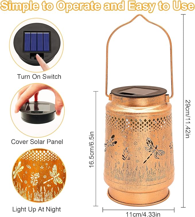 2 Pack Solar Lanterns Outdoor Waterproof Dragonfly Garden Decor, Birthday Gifts for Women Mom Grandma, Hanging Solar Lights Metal LED Decoration with Shepherd Hook Outside for Yard Patio Lawn Porch