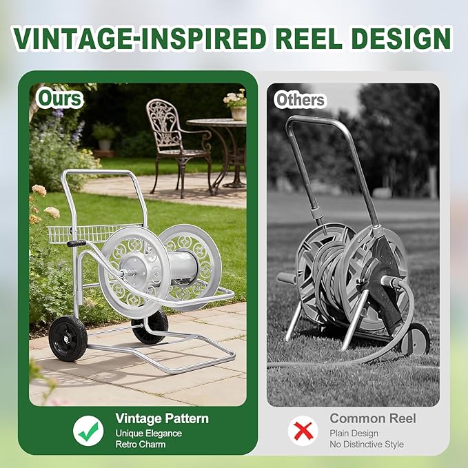 Outvita Garden Hose Reel Cart, Heavy Duty Water Hose Cart for Outside, Lawn Watering, for Garden, Yard, Lawn, Farm, Hold Up to 200 ft of 5/8’’ Hose, 2 PU Wheels, Storage Basket (Silver)