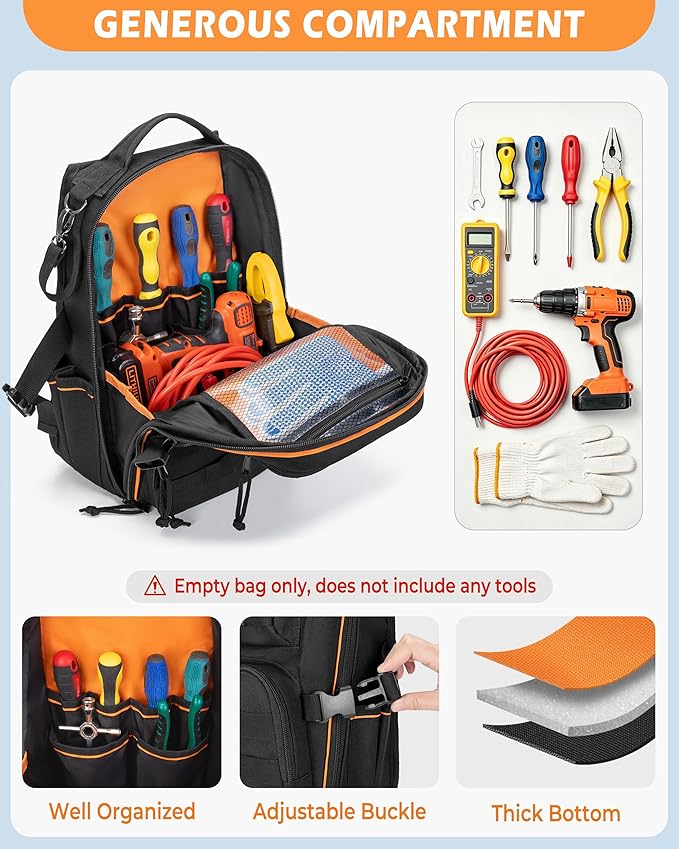 Tactical HVAC Tool Bag, Electrician Chest Tool Pouch with Compartments, Small Tool Organizer for Maintenance Repair and Technicians, Black (Empty Bag)