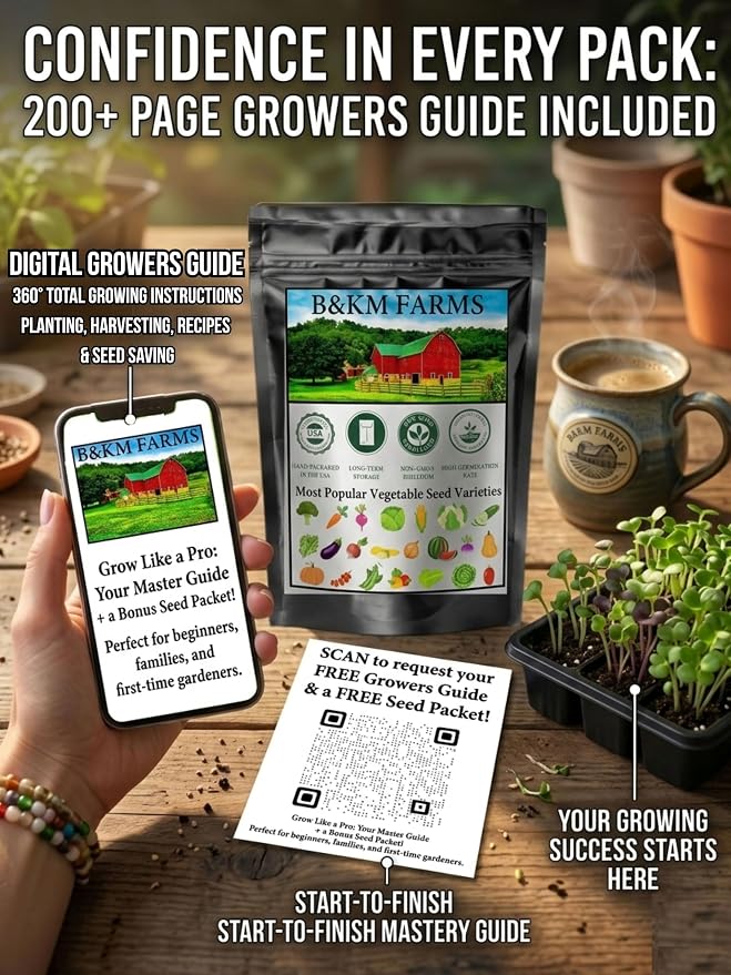 36 Pack Heirloom Vegetable & Herb Seeds 40,000 Count - Grown in USA Non-GMO Seeds for Planting Vegetables: B&KM Farms Premium Mylar Seed Packets Digital Growers Guide & Recipe Booklet