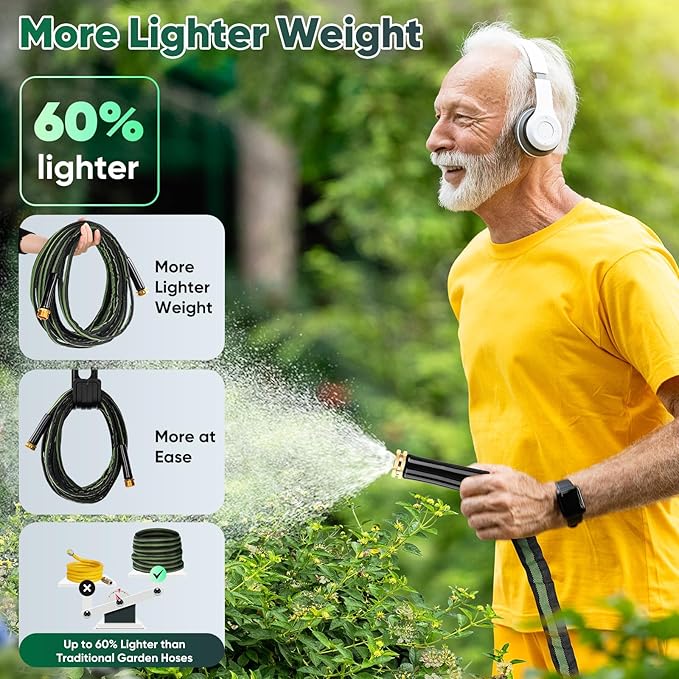 Garden Hose 100 FT, Lightweight Water Hose with 3/4", Non-Expanding, Potable, Easy Storage, Portable and Flexible Kink-Free PVC Inner Core, 500 PSI Burst Strength Outdoor Hose for Garden, Green