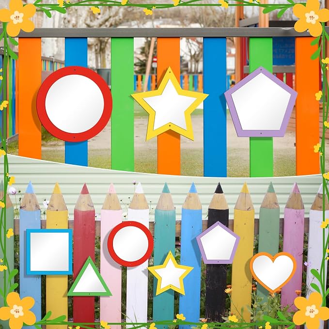 Xuhal 6 Pcs Acrylic Sensory Mirrors Set Colorful Geometric Mirror Square Triangle Circle Star Heart Pentagon Shapes Learning Tool Outdoor Sign for Sensory Rooms Garden Wall Decorations