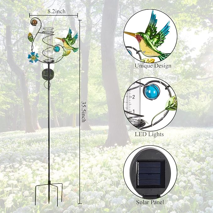 Stargarden Hummingbird Rain Gauge Outdoor Solar LED Lights Rain Gauge Decorative Waterproof for Yard Garden Patio Lawn