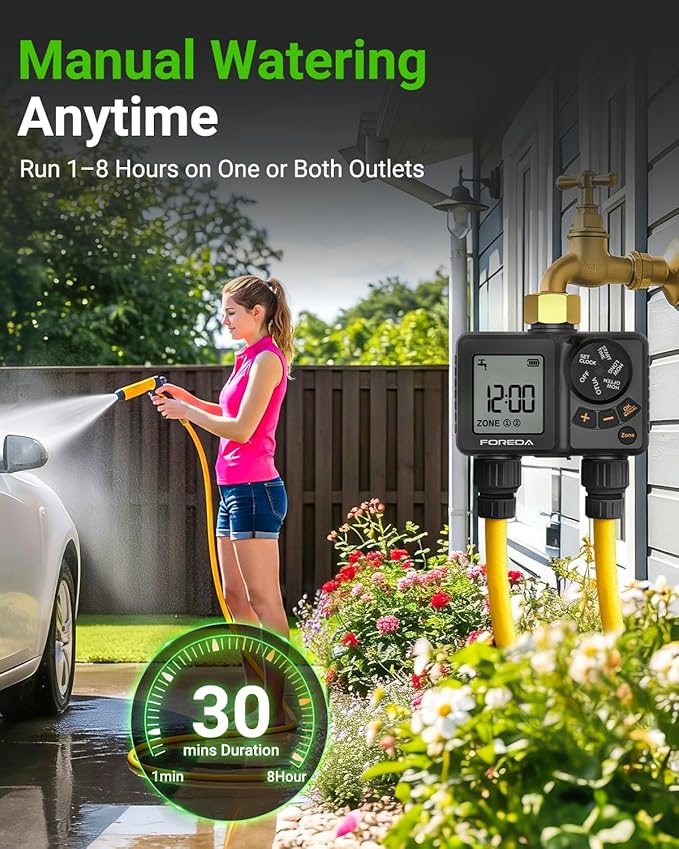 2 Zone Water Timer for Garden Hose, Programmable Hose Timer for Watering with Built-in Rechargeable Battery, Rain Delay/Manual/Auto Modes, IPX6 Waterproof Sprinkler Timers for Lawn, Yard, Farm