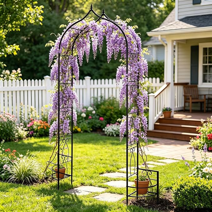 8Ft Garden Arched Trellis with Planter Boxes Heavy Duty Metal Garden Arbor | Thickened Metal Gothic Arbors for Climbing Plants Outdoor Wedding Arch for Ceremony Garden Trellises for Cucumber Rose Grape