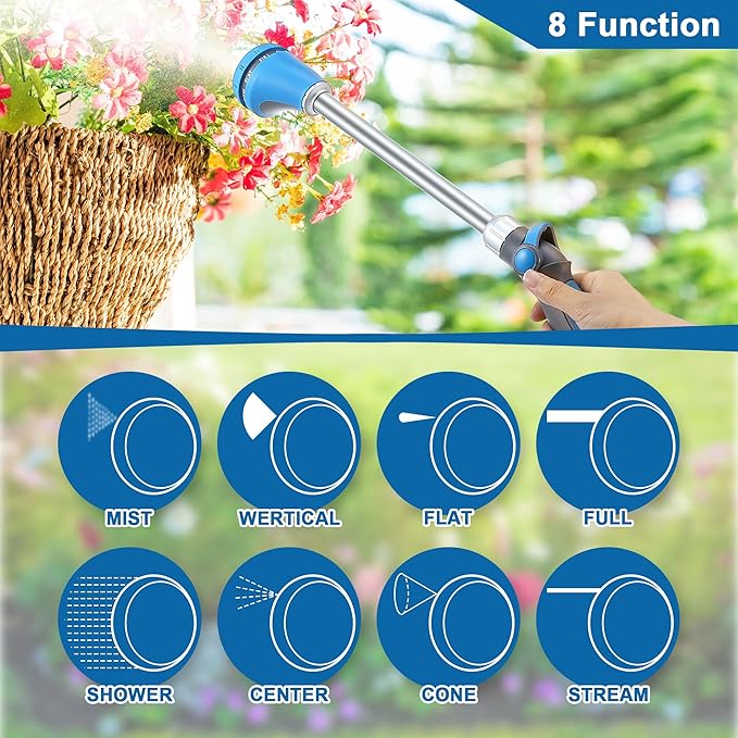 Saillong 18" Watering Wand for Garden Hose Heavy Duty, Metal Garden Hose Wand Sprayer with Thumb Control & 8 Spray Patterns, Hose Nozzle Wand for Lawn Plants Hanging Baskets, Pipe Tape Included