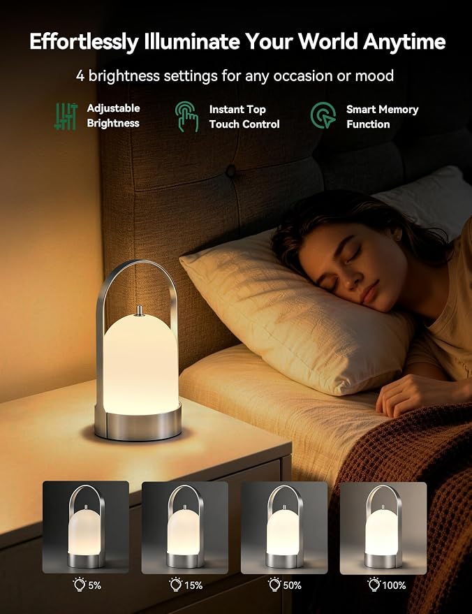 Tubicen Outdoor Table Lamp Portable Rechargeable Lamp Waterproof 4000mAh Battery Operated Lantern 4-Level Dimmable Cordless Touch Lamp for Bedroom Bathroom Patio Balcony Bar Camping Party, Nickel