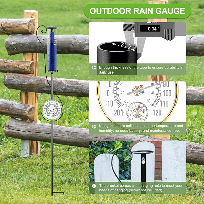 Circrane Rain Gauge Outdoor,Accurate Measure Tube with Metal Stake, Easy to Read Large Number for Backyard