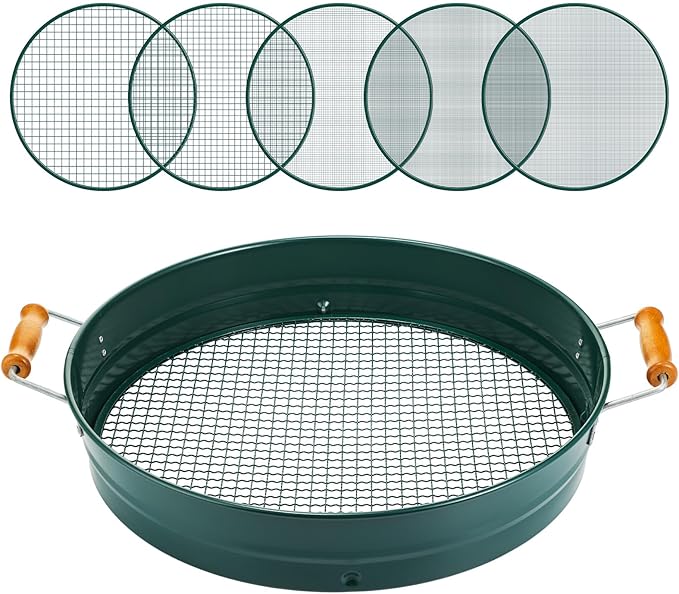 Funnymoom Soil Sifter for Gardening with 1, 3, 6, 9, 12 mm Sieve Mesh Compost Dirt Sifter with Handle Large Garden Sand Soil Rock Sieve 17.7" l x 13.8" W for Sand Rocks Pellet Gravel (Green)