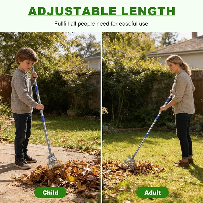 Garden Rake for Leaves, Heavy-Duty Small Metal Rake for Lawn, Yard, Garden Beds, Debris & Shrubs, 6 ft Adjustable Handle for Kids and Adults