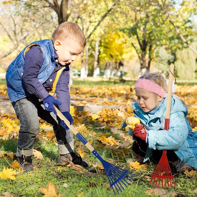 NNG 2 PCS 27" Metal Kids Leaves Rakes and 2 Pairs Kids Gloves,Small Kid Lawn Rakes with Wooden Handle,Garden Tool Set for Boys and Girls