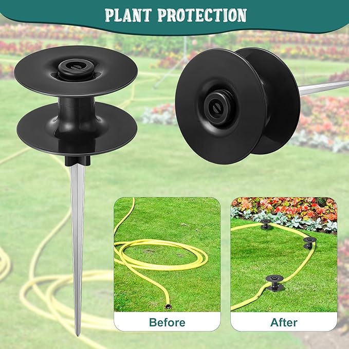 Chumia 6 Pieces 10 Inch Garden Hose Guide Spike, Zinc Coated Rustproof Heavy Duty Metal Stake with Top, Keeps Garden Hose out of Flower Beds, Guard for Yard Plant Protection (Black)