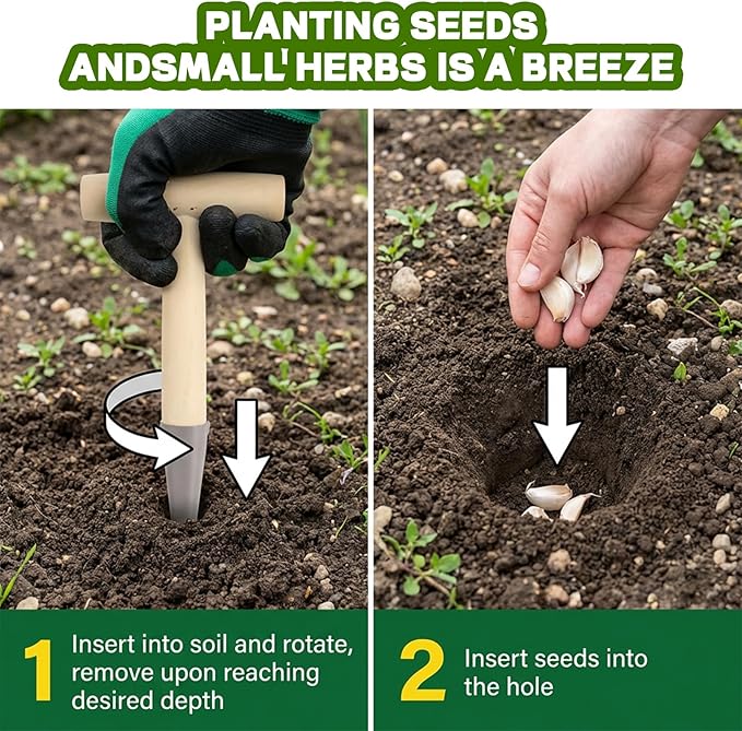 T-Shaped Garden Seed Dibber with Depth Measurements - Stainless Steel Bulb Planter Tool with Wooden Handle for Planting Seeds, Bulbs, Tulips, Daffodils & Flowers, Perfect Gardening Hole Digger