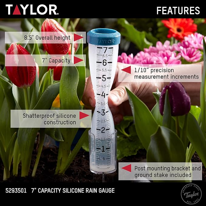 Taylor Capacity Break and Freeze Proof Flexible Silicone Rain Gauge, Measure and Monitor Precipitation, Easy to Read for Backyard, Patio, Garden, and Lawn, Post Mount or Ground Stake, 7-inch, Teal