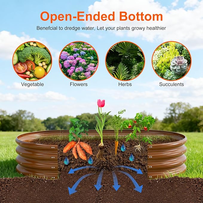Rakukiri Raised Garden Bed Outdoor, GRS Certified Recycled Metal Planter Box 2 Sets, 4FT Galvanized Oval Herb Garden Kit, Bottomless Large Garden Beds for Vegetables Flowers, Rust-Resistant Brown
