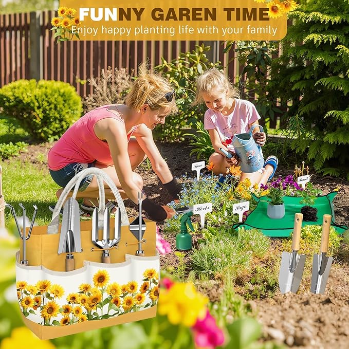 22Pcs Gardening Tools Set for Women Heavy Duty Garden Hand Tool Kit,Birthday Gifts for Mom Wife Grandma Beginner,Gardening Accessories with Sunflower Tote Bag/Shovel/RepottingMat/Plant Labels/Gloves
