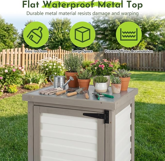 Small Outdoor Storage Cabinet with Waterproof Metal Top, White Wood & Plastic Potting Bench Table with Removable Shelf, Outside Cabinets Work Station for Patio, Balcony,17.9''x17.9''x33.5''
