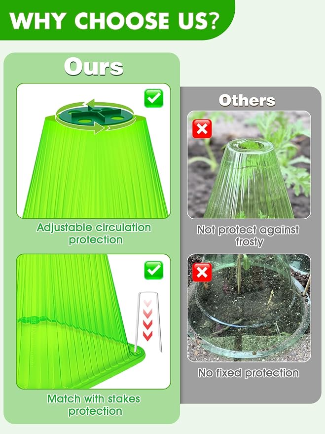 20 Pack Garden Cloches for Plants,9.4" H X 7.8" D Reusable Bell Plant Protector with 40 Ground Stakes and Rotary Vent Cover,Plant Covers Freeze Protection from Animals Snails Birds Chickens (Green)