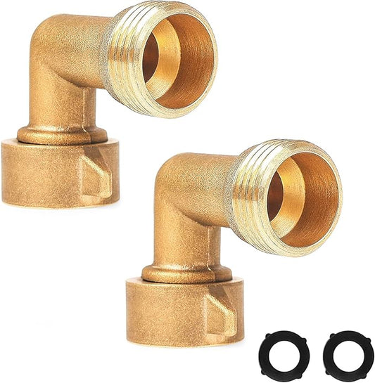 Hourleey 2 Pack 90 Degree Garden Hose Elbow Connectors, 3/4" Brass Hose Elbow with 2 Washers, Hose Adapter for RV Water Hookups Residential Outdoor Faucets