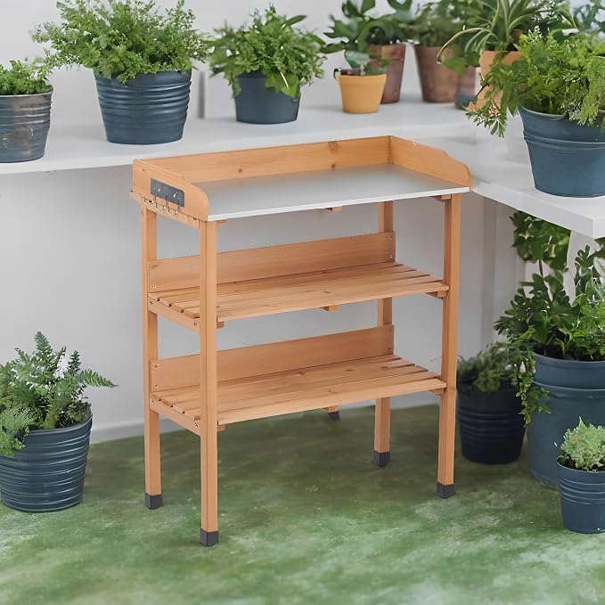 Outdoor Garden Workbench with Metal Tabletop, 30x14.5x35.5 Inch Potting Table with 3 Layers and Hooks, Solid Wood Workstation for Garage