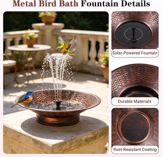 Solar Bird Bath for Outside, 12.4” Outdoor Metal Bird Bath Fountains, Solar Powered Water Fountain for Outdoors Garden Patio Lawn Ground Tabletop Decor (Brown)