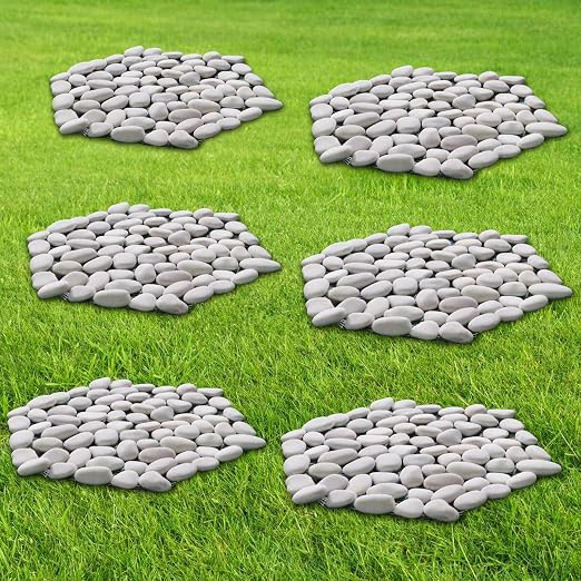 10in River Rock Stepping Stones Set - 6 Pack | Polished Pebble | Long-Lasting PVC Mesh Backing | Perfect for Garden Paths and Lawns Outdoor Landscaping Decoration | White Rhombus