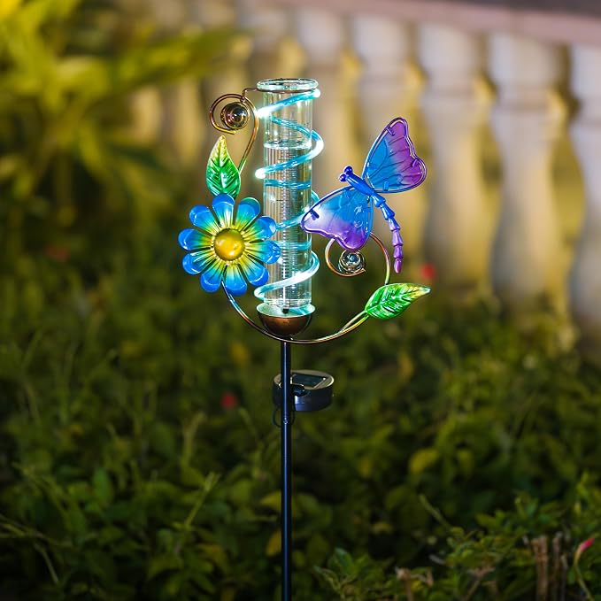 Rain Gauge Outdoor, Solar Rain Gauges for Yard, Freeze Proof Rain Gauge with 7" Plastic Tube, Metal Dragonfly Decorative Water Gauge with Led Light