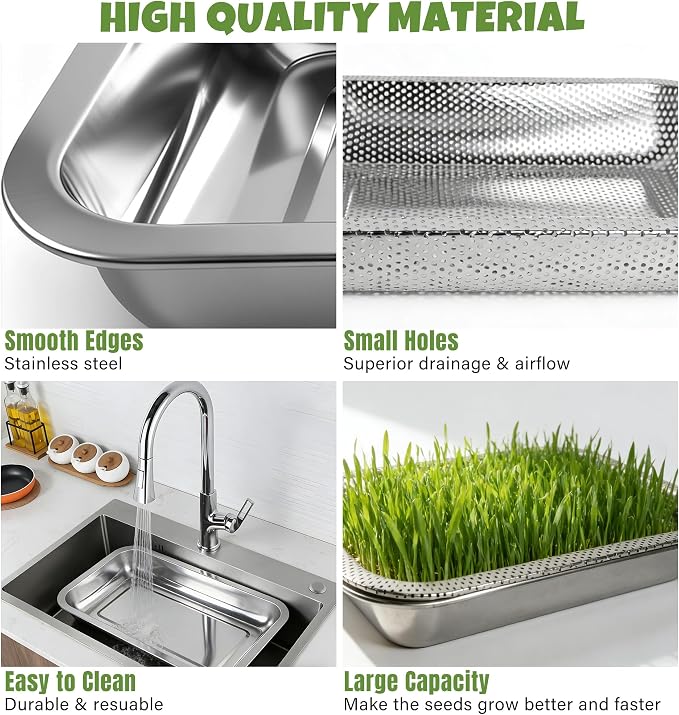 2 Pack Stainless Steel Seed Sprouter Trays, 2-Tier Soil-Free Microgreens Growing Kit, Rust-Free Sprouting Tray with Mesh Pads for Sprouts Beans Alfalfa Wheatgrass (10.6" x 7.9" x 1.9")
