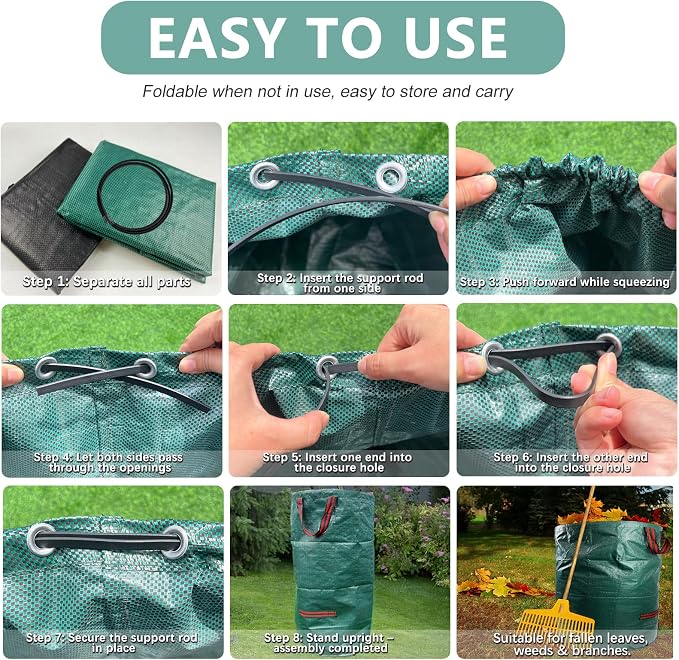2 Pack 72 Gallon Yard Waste Bags (Green + Black), Easy-to-Carry Reusable Lawn & Leaf Bags with Reinforced Handles, Collapsible Garden Bags for Backyard Cleanup