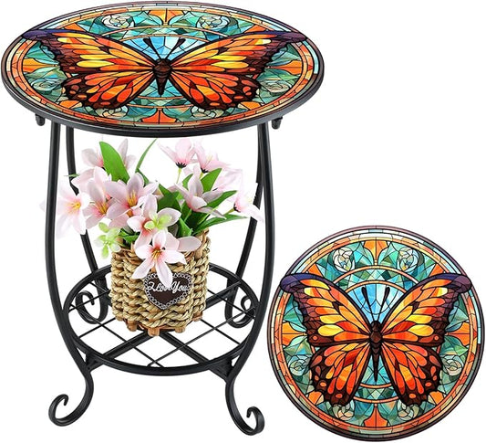 Cinnvoice Outdoor Side Table Round Small Mosaic Patio Accent Indoor End Plant Coffee Tea Table for Yard Patio Porch Garden Living Room, Bedroom(Butterfly B Style,14 Inch)