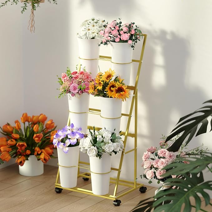 Invech Flower Display Stand with 6 Buckets, 3 Tier Gold Flower Cart Display Stand for Indoor Outdoor Garden, Wedding, Florist