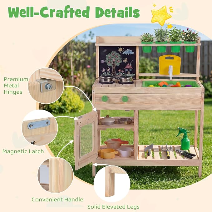 Costzon Mud Kitchen, Wooden Toddler Pretend Cooking Playset w/Runing Water, Blackboard, Water Tank, Faucet, Removable Sink, 4 Planting Pots & Stoves, Outdoor Kids Play Kitchen for Boy, Girl 3+ Years