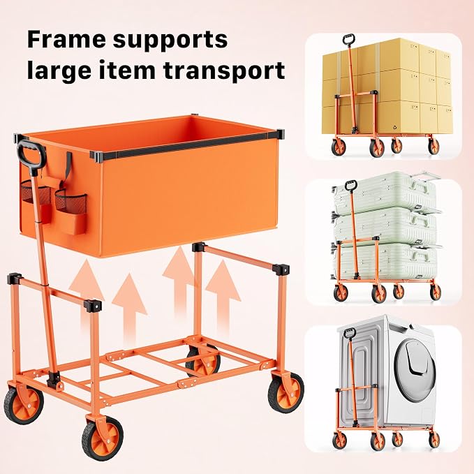 29.3" Collapsible Wagon Cart, 150L Heavy Duty Folding Utility Wagon with Wheels, 260 lbs Load, Portable Rolling Cart for Garden, Shopping, Sports, Camping, Orange