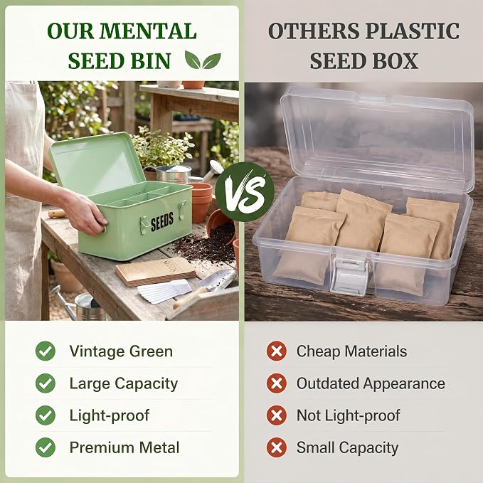 Seed Saving Box with 4 Compartments, Large Metal Seed Organizer Packet Container with Lid & Safety Locks, Garden Seed Storage Bin for Seeds with 50 Plant Labels, 20 Envelopes