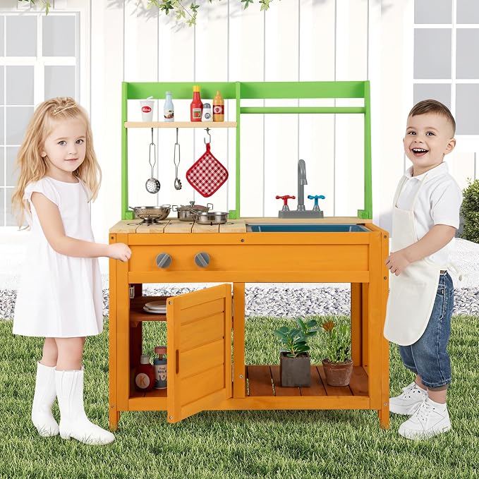Costzon Mud Kitchen for Kids Outdoor, Wooden Play Kitchen w/Stoves, Removable Sink, Faucet, Oven, Cooking Accessories, Storage Shelves, Montessori Pretend Kitchen Playset for Girls&Boys 3+ Years Old