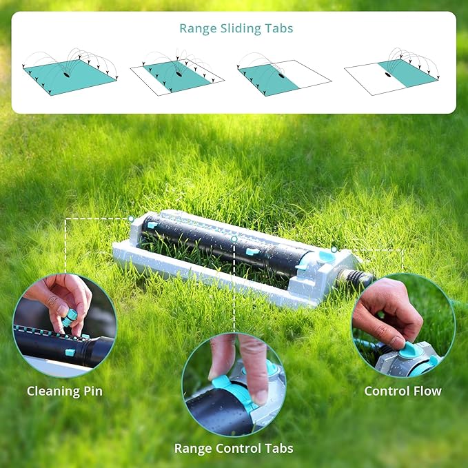 QUOBAS 2 Pack Heavy Duty Oscillating Sprinkler, 18-Hole Nozzle with Zinc Alloy Metal Base, Adjustable Flow Control & Spray Width, with Cleaning Pin, Garden, Yard
