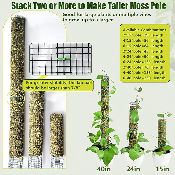 6 Pack Metal Moss Pole, 24" Moss Poles for Plants Monstera, Stackable Sphagnum Moss Pole for Plants Work with Sphagnum Moss(6 Pack 24")