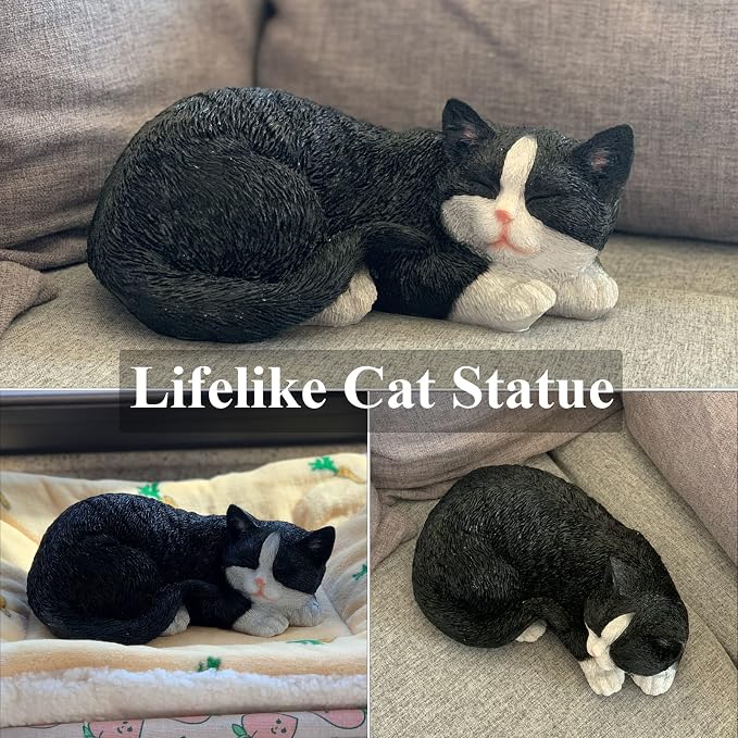 Cat Statue Outdoor Cat Figurines Garden Decor, Tuxedo Cats Black Tabby Statue Figurine Decor Sculpture for Patio, Yard, Sleeping Tabby Statues for Indoor Table Accessory, Gift for Mom