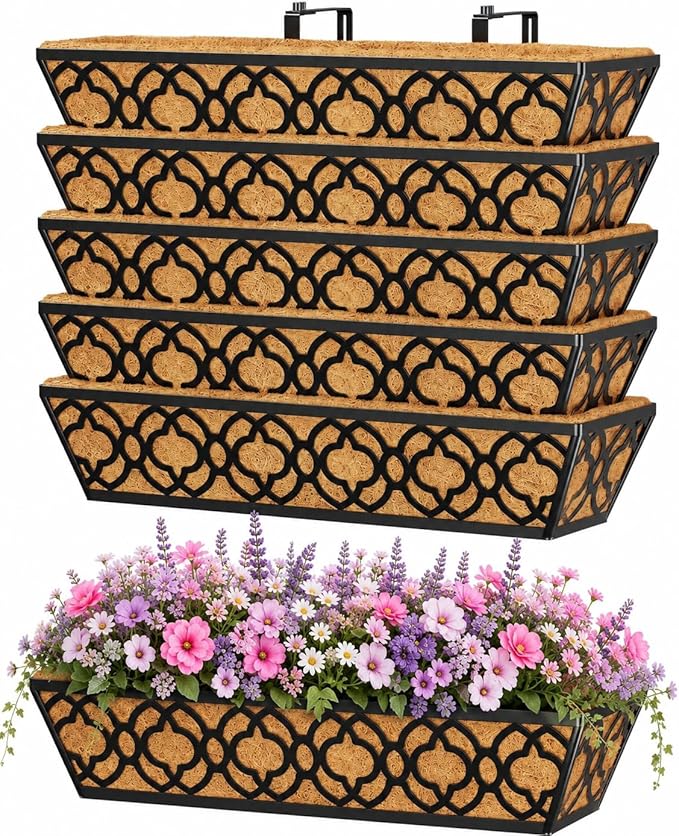 Y&M 6Pcs 24 Inch Railing Planter with Coconut Coir Liner, Window Deck with Horse Trough Coco Liner, Metal Hanging Flower Balcony Planter for Outdoor Garden Fence Lawn